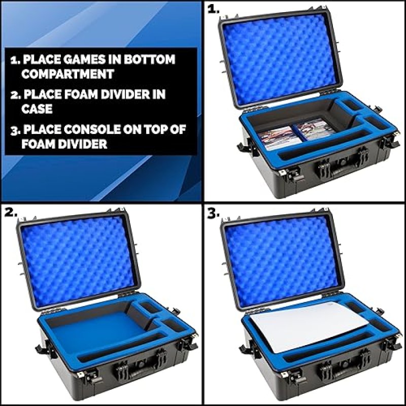 CASEMATIX WATERPROOF HARD SHELL TRAVEL CASE FOR PS5 CONSOLE, CONTROLLERS ACCESSORIES, CUSTOM FOAM