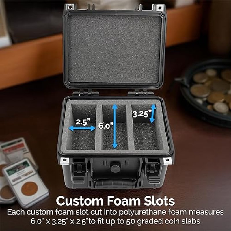 CASEMATIX WATERPROOF GRADED COIN CASE FOR 50 PCGS NGC COINS, CUSTOM HOLDER SUPPLIES COMPARTMENT