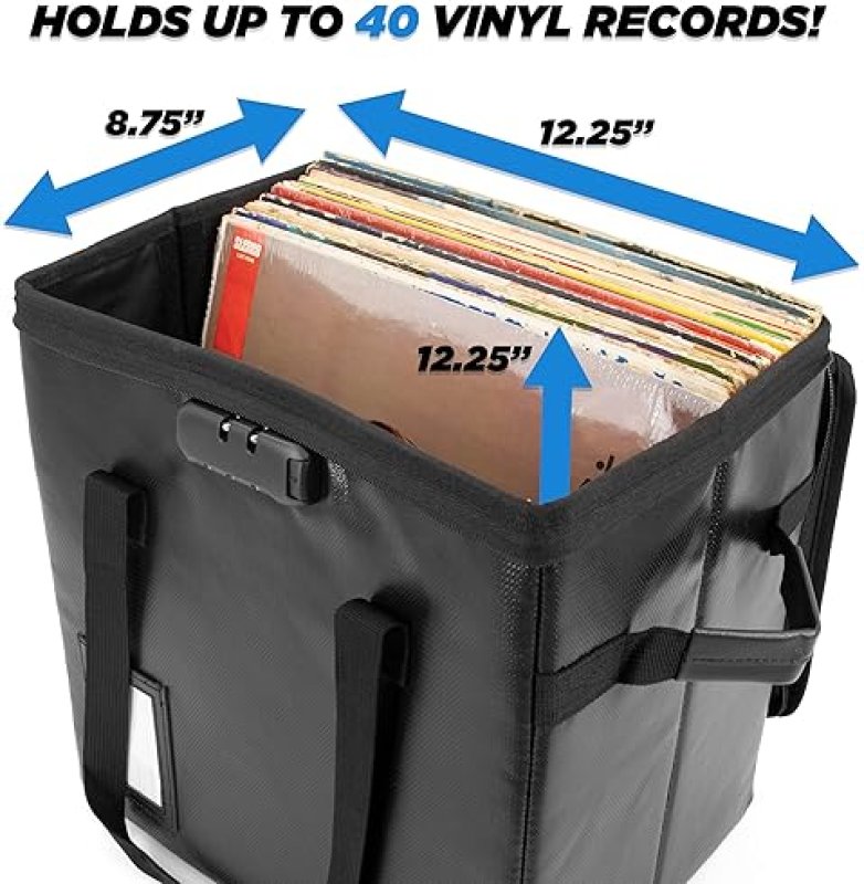 CASEMATIX FIRE RESISTANT VINYL RECORD STORAGE CASE HOLDS 40 LPS, COMBO LOCK, REMOVABLE DIVIDER, TRAVEL BOX