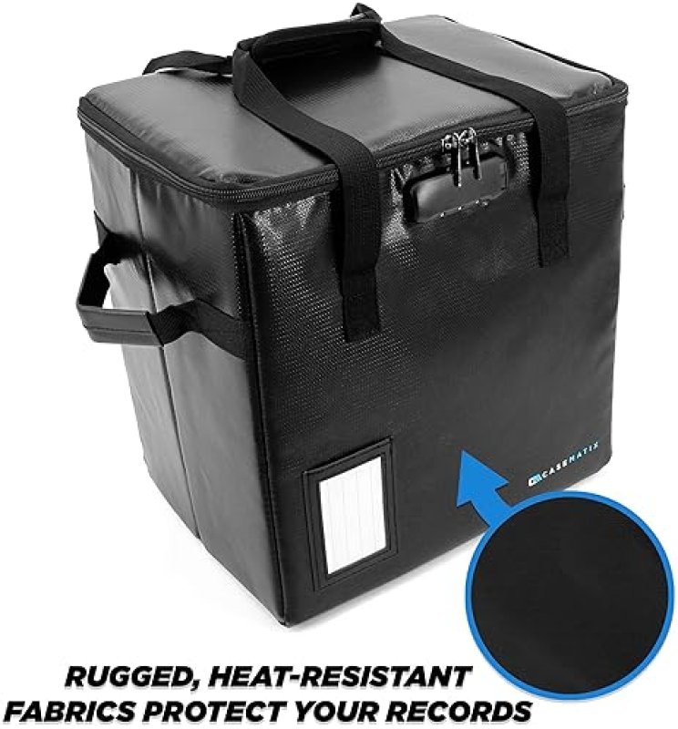 CASEMATIX FIRE RESISTANT VINYL RECORD STORAGE CASE HOLDS 40 LPS, COMBO LOCK, REMOVABLE DIVIDER, TRAVEL BOX
