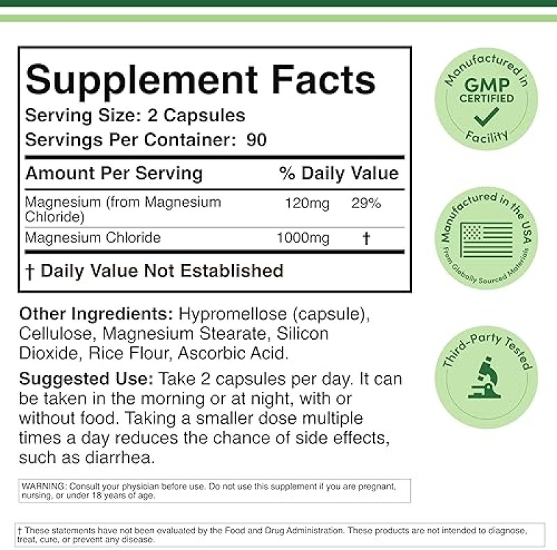 DOUBLE WOOD SUPPLEMENTS MAGNESIUM CHLORIDE 1000MG 180 CAPSULES, DIGESTIVE BONE SUPPORT, NON-GMO, GLUTEN FREE