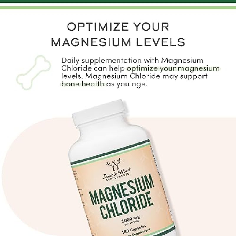 DOUBLE WOOD SUPPLEMENTS MAGNESIUM CHLORIDE 1000MG 180 CAPSULES, DIGESTIVE BONE SUPPORT, NON-GMO, GLUTEN FREE