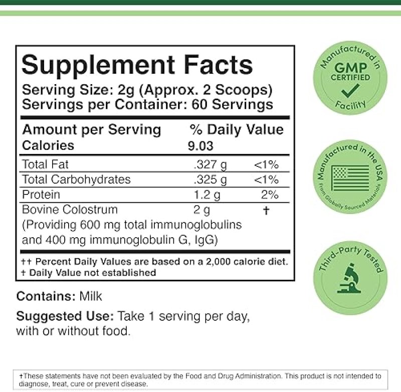 DOUBLE WOOD SUPPLEMENTS BOVINE COLOSTRUM POWDER 120G GUT HEALTH, IMMUNE, SKIN HAIR SUPPORT FOR WOMEN MEN, 60 SERVINGS