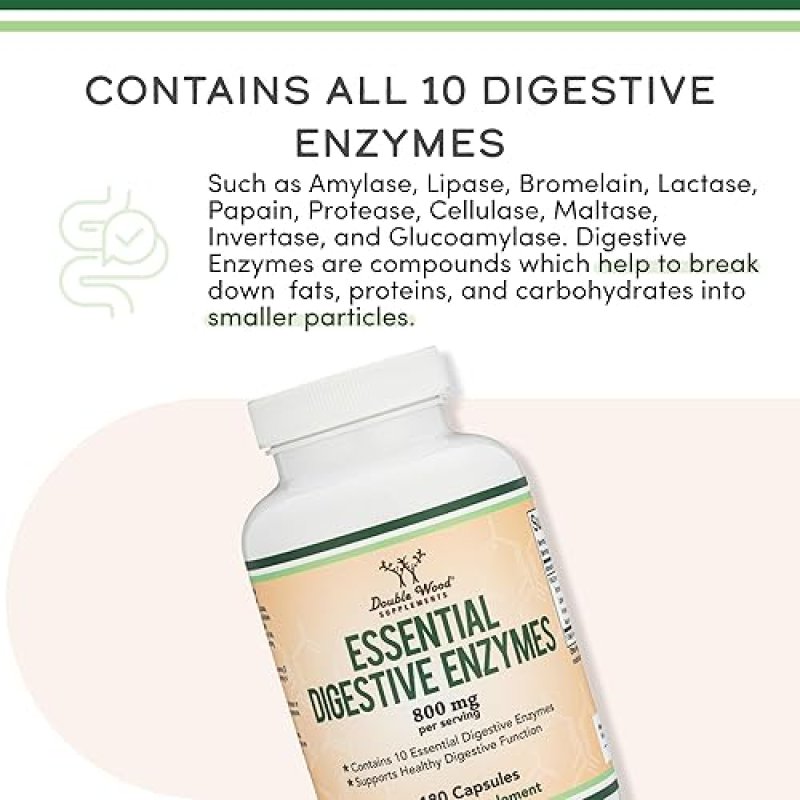 DOUBLE WOOD SUPPLEMENTS DIGESTIVE ENZYMES 800MG 10 ESSENTIAL ENZYMES BLEND FOR GUT HEALTH DIGESTION