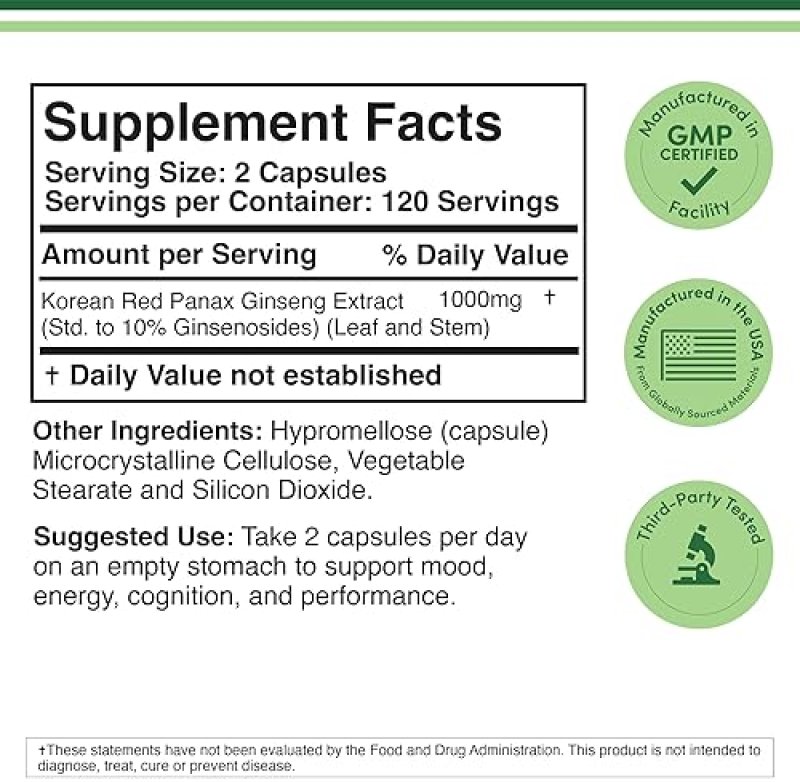 DOUBLE WOOD SUPPLEMENTS KOREAN RED GINSENG CAPSULES 1000MG 240 VEGAN, 4-MONTH SUPPLY FOR ENERGY, MOOD FOCUS SUPPORT