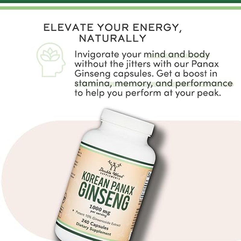 DOUBLE WOOD SUPPLEMENTS KOREAN RED GINSENG CAPSULES 1000MG 240 VEGAN, 4-MONTH SUPPLY FOR ENERGY, MOOD FOCUS SUPPORT