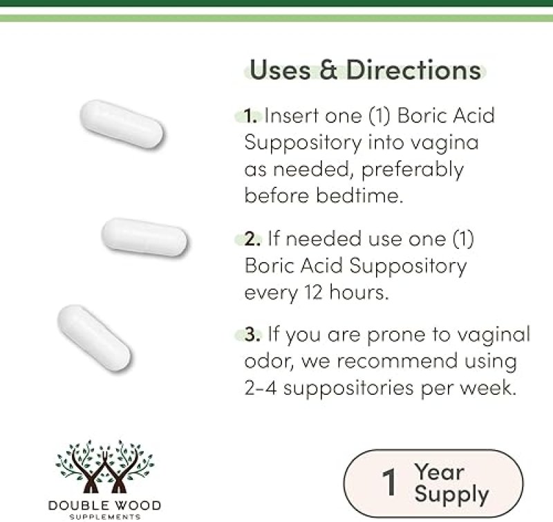 DOUBLE WOOD SUPPLEMENTS BORIC ACID SUPPOSITORIES 600MG 60 COUNT, PH BALANCE ODOR CONTROL, USP GRADE