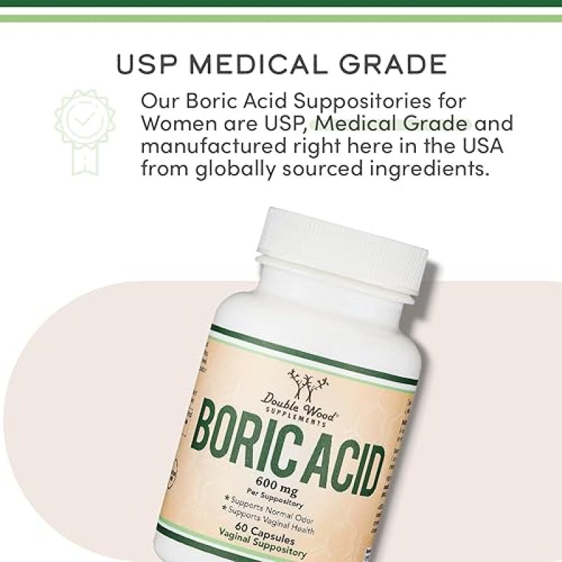 DOUBLE WOOD SUPPLEMENTS BORIC ACID SUPPOSITORIES 600MG 60 COUNT, PH BALANCE ODOR CONTROL, USP GRADE