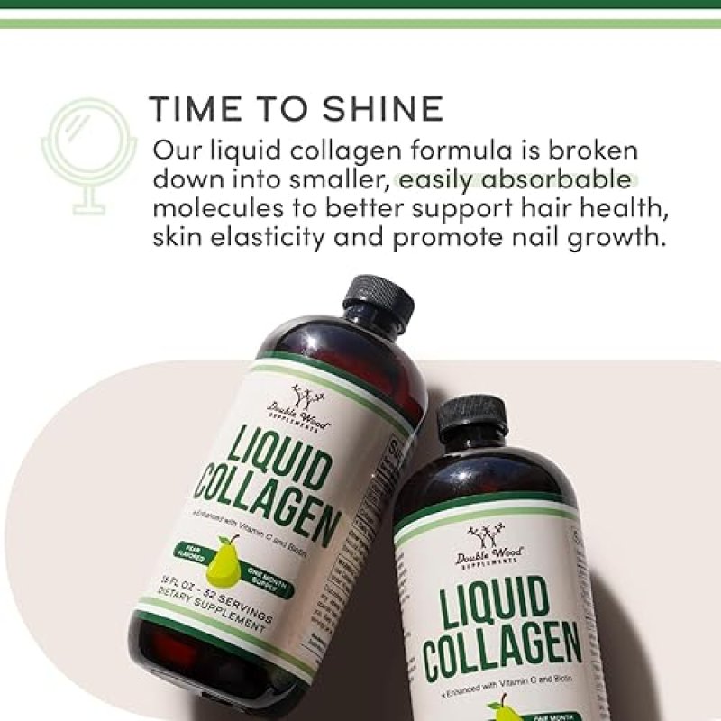 DOUBLE WOOD SUPPLEMENTS LIQUID COLLAGEN 2500MG WITH BIOTIN, GRASSFED TYPE 1 3, SUGAR FREE, PEAR FLAVOR 32 SERVINGS