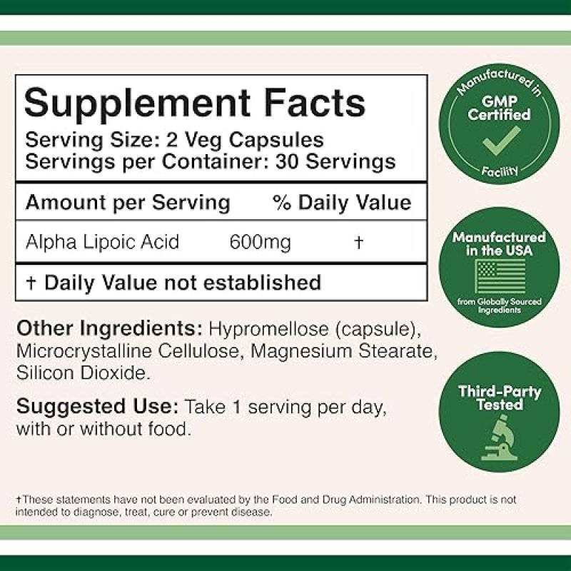 DOUBLE WOOD SUPPLEMENTS ALPHA LIPOIC ACID 600MG - 60 VEGAN CAPSULES ANTIOXIDANT FOR NERVE HEART HEALTH NON-GMO, GLUTEN-FREE