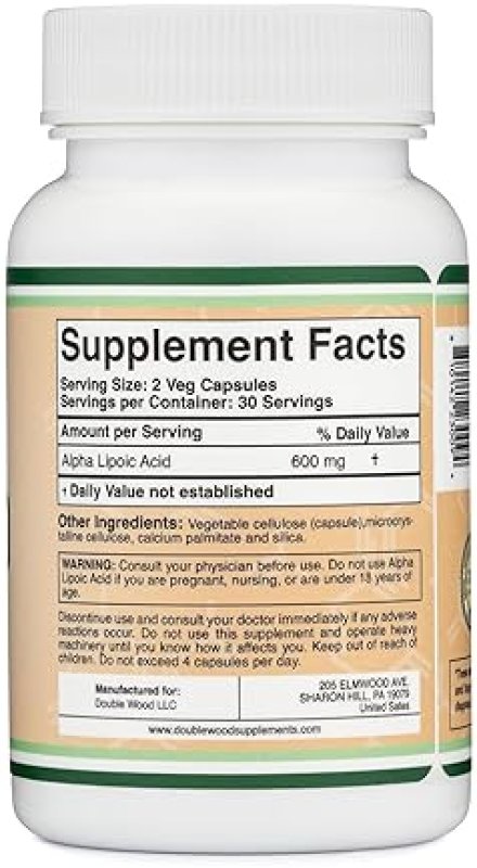 DOUBLE WOOD SUPPLEMENTS ALPHA LIPOIC ACID 600MG - 60 VEGAN CAPSULES ANTIOXIDANT FOR NERVE HEART HEALTH NON-GMO, GLUTEN-FREE