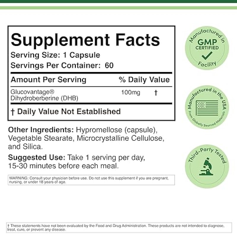 DOUBLE WOOD SUPPLEMENTS DIHYDROBERBERINE 100MG CAPSULES GLUCOVANTAGE SUPER BERBERINE, 5X POTENCY, VEGAN, 60 COUNT, TESTED