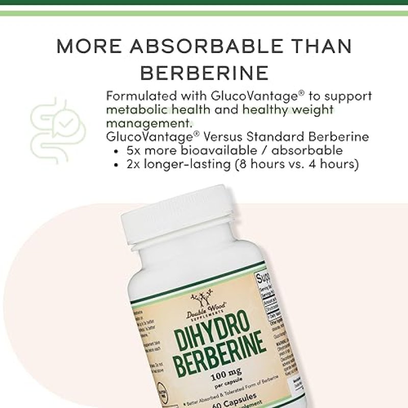 DOUBLE WOOD SUPPLEMENTS DIHYDROBERBERINE 100MG CAPSULES GLUCOVANTAGE SUPER BERBERINE, 5X POTENCY, VEGAN, 60 COUNT, TESTED