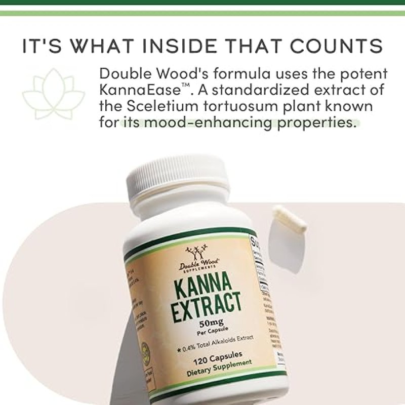 DOUBLE WOOD SUPPLEMENTS KANNA EXTRACT SUPPLEMENT 50MG 120 VEGAN CAPSULES FOR RELAXATION NON-GMO, GLUTEN FREE