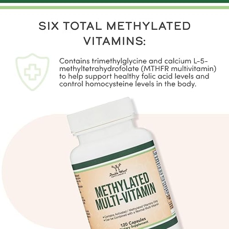 DOUBLE WOOD SUPPLEMENTS METHYLATED MULTIVITAMIN WITH METHYL B COMPLEX, TMG METHYLFOLATE NON-GMO, GLUTEN-FREE, 120 CAPS