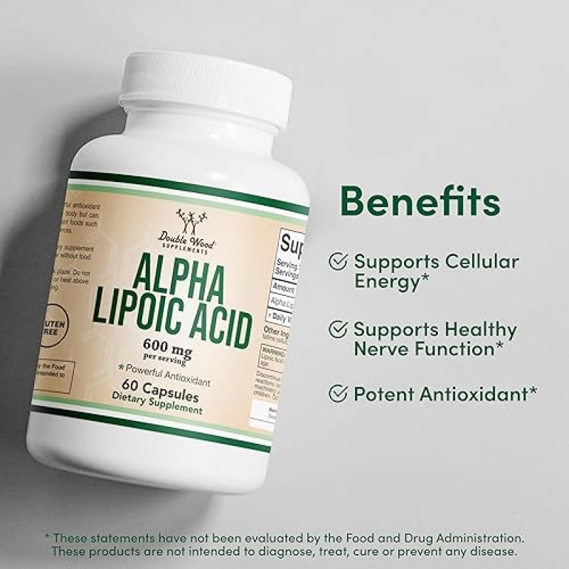 DOUBLE WOOD SUPPLEMENTS ALPHA LIPOIC ACID 600MG, 60 VEGAN CAPSULES POTENT ANTIOXIDANT FOR NEUROPATHY HEART HEALTH