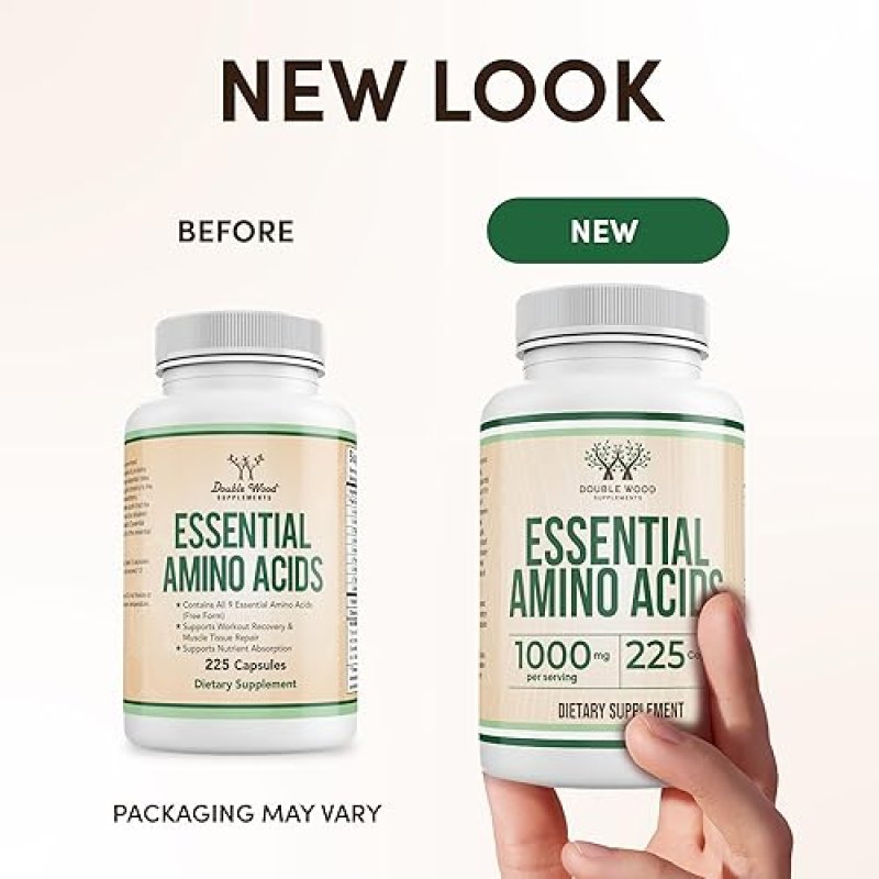 DOUBLE WOOD SUPPLEMENTS ESSENTIAL AMINO ACIDS EAA BCAA CAPSULES 1G PER SERVING, 225 GLUTEN-FREE CAPS BY DOUBLE WOOD