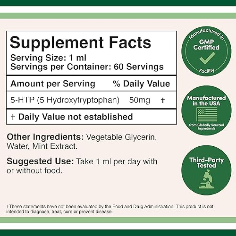 DOUBLE WOOD SUPPLEMENTS 5-HTP LIQUID DROPS 50MG FAST ABSORPTION SEROTONIN SUPPLEMENT FOR MOOD SLEEP, 60 SERVINGS