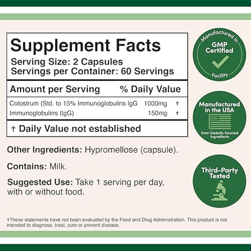 DOUBLE WOOD SUPPLEMENTS COLOSTRUM SUPPLEMENT 1000MG, 120 CAPSULES 15 IGG BOVINE, FIRST MILKING, NO FILLERS, TESTED