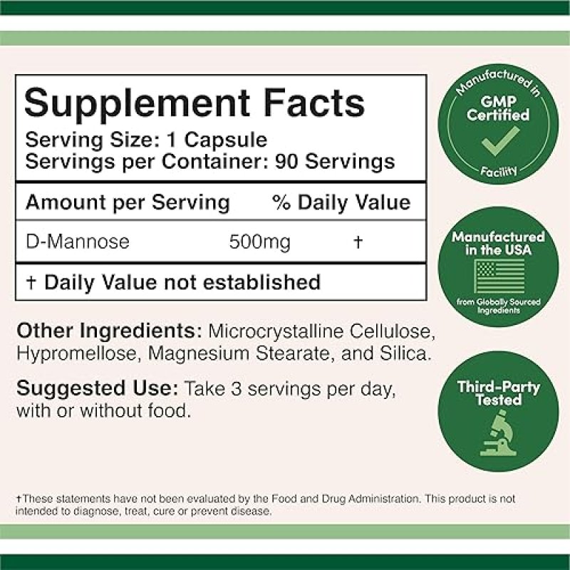 DOUBLE WOOD D-MANNOSE 500MG CAPSULES 90CT UTI BLADDER HEALTH, VEGAN, NON-GMO, GLUTEN-FREE