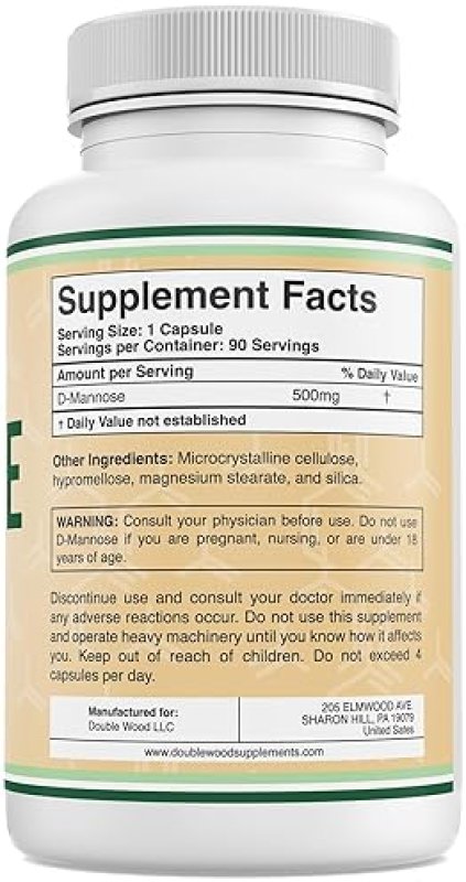 DOUBLE WOOD D-MANNOSE 500MG CAPSULES 90CT UTI BLADDER HEALTH, VEGAN, NON-GMO, GLUTEN-FREE