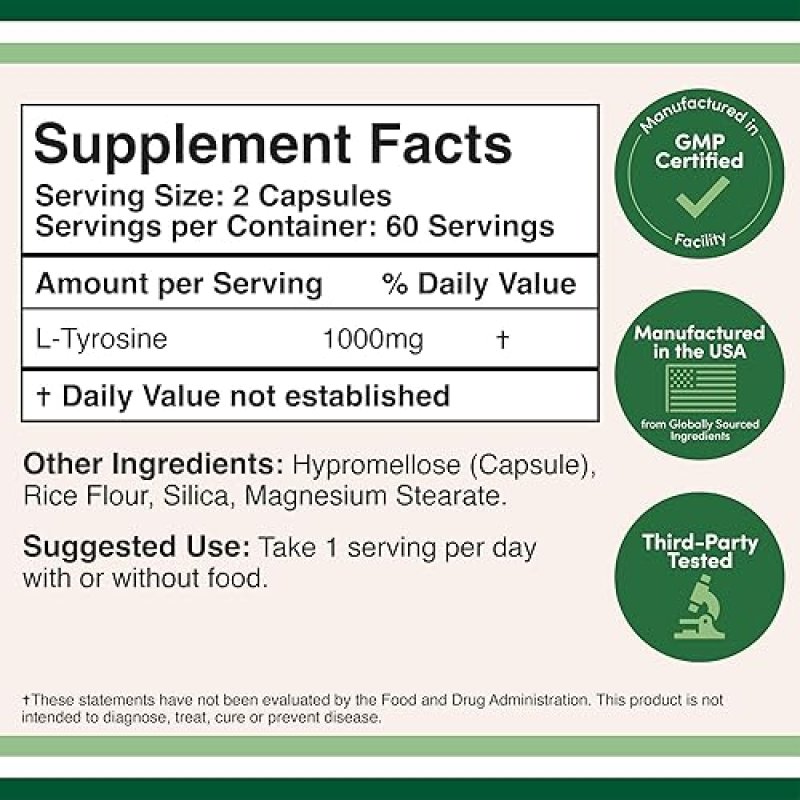 DOUBLE WOOD SUPPLEMENTS L-TYROSINE 1000MG - 120 VEGAN CAPSULES MEMORY, FOCUS ATTENTION SUPPLEMENT NON-GMO