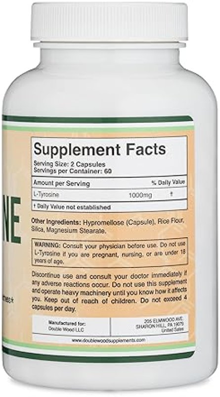 DOUBLE WOOD SUPPLEMENTS L-TYROSINE 1000MG - 120 VEGAN CAPSULES MEMORY, FOCUS ATTENTION SUPPLEMENT NON-GMO