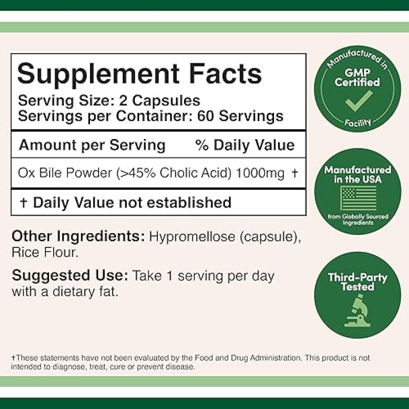 DOUBLE WOOD SUPPLEMENTS OX BILE SUPPLEMENT 1000MG 120 CAPSULES 45 CHOLIC ACID GALLBLADDER SUPPORT DOUBLE WOOD