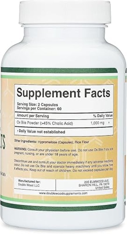 DOUBLE WOOD SUPPLEMENTS OX BILE SUPPLEMENT 1000MG 120 CAPSULES 45 CHOLIC ACID GALLBLADDER SUPPORT DOUBLE WOOD