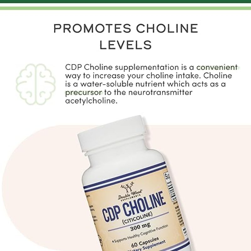 DOUBLE WOOD SUPPLEMENTS CDP CHOLINE CITICOLINE 300MG PHARMACEUTICAL GRADE SUPPLEMENT, 60 CAPSULES, THIRD-PARTY TESTED