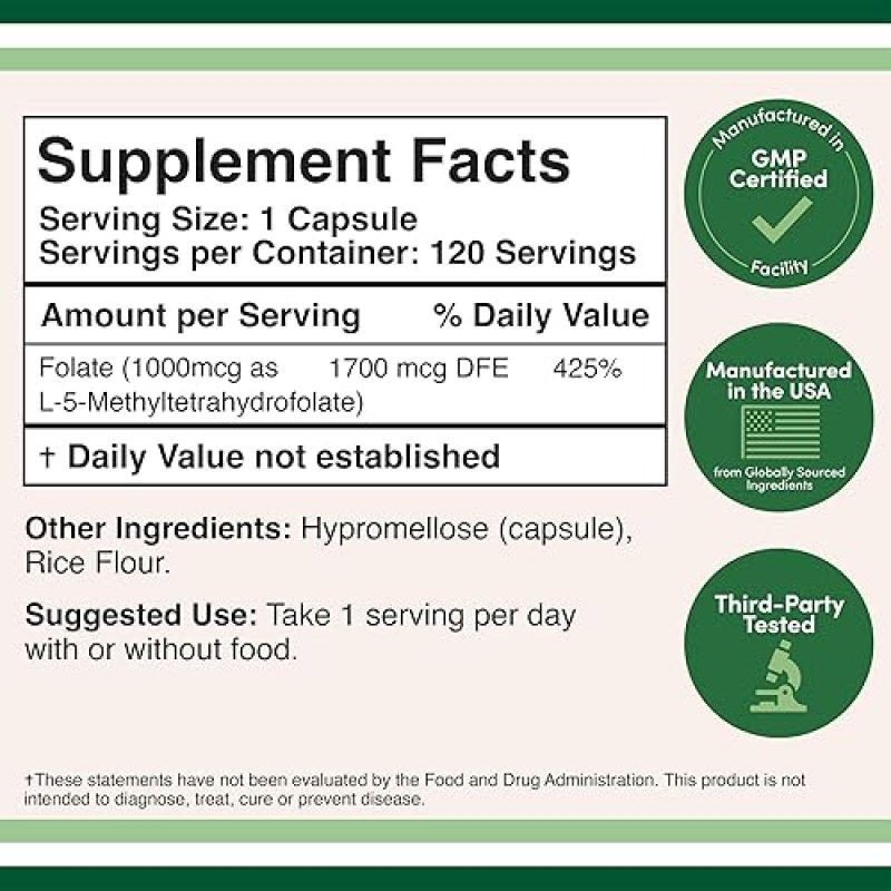 DOUBLE WOOD SUPPLEMENTS METHYLFOLATE 1,000MCG - 120 VEGAN CAPSULES ACTIVE METHYL FOLATE SUPPLEMENT, NON-GMO, TESTED