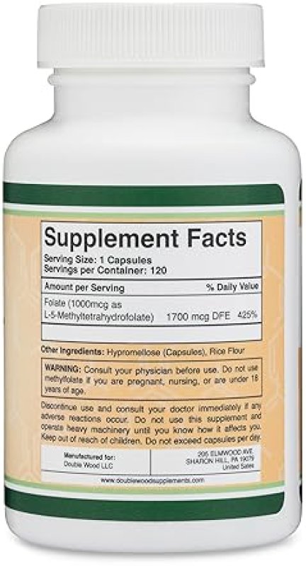 DOUBLE WOOD SUPPLEMENTS METHYLFOLATE 1,000MCG - 120 VEGAN CAPSULES ACTIVE METHYL FOLATE SUPPLEMENT, NON-GMO, TESTED
