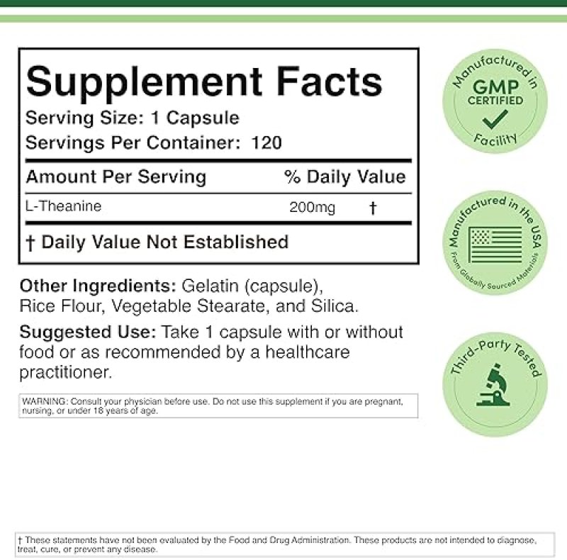 DOUBLE WOOD SUPPLEMENTS L-THEANINE 200MG EXTRA STRENGTH CAPSULES SLEEP RELAXATION SUPPORT, VEGAN, 120 CT,