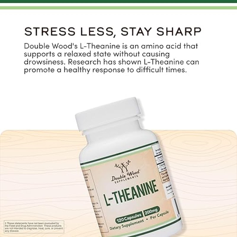 DOUBLE WOOD SUPPLEMENTS L-THEANINE 200MG EXTRA STRENGTH CAPSULES SLEEP RELAXATION SUPPORT, VEGAN, 120 CT,