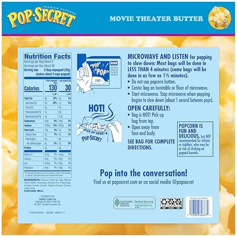 POP SECRET MOVIE THEATER BUTTER MICROWAVE POPCORN, 3 OZ SHARING BAGS, 30 COUNT BOX