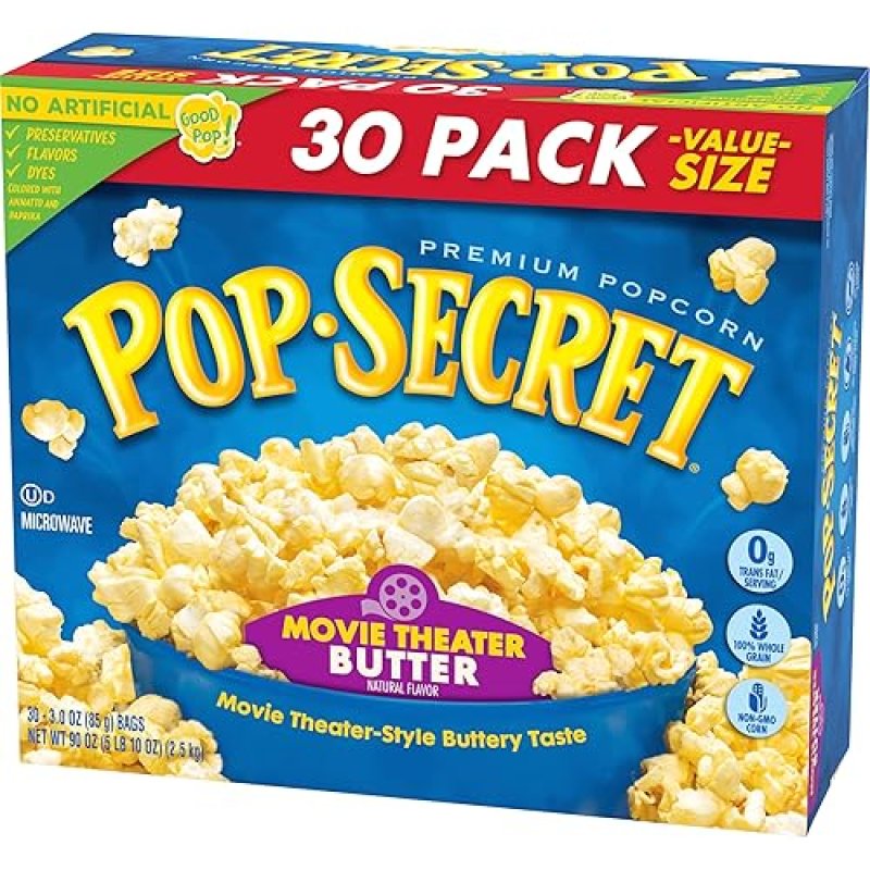 POP SECRET MOVIE THEATER BUTTER MICROWAVE POPCORN, 3 OZ SHARING BAGS, 30 COUNT BOX