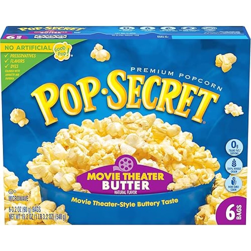 POP SECRET MOVIE THEATER BUTTER MICROWAVE POPCORN, 3.2OZ SHARING BAGS, 6 COUNT BOX