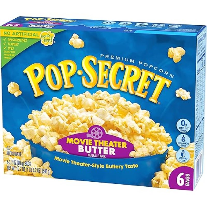 POP SECRET MOVIE THEATER BUTTER MICROWAVE POPCORN, 3.2OZ SHARING BAGS, 6 COUNT BOX