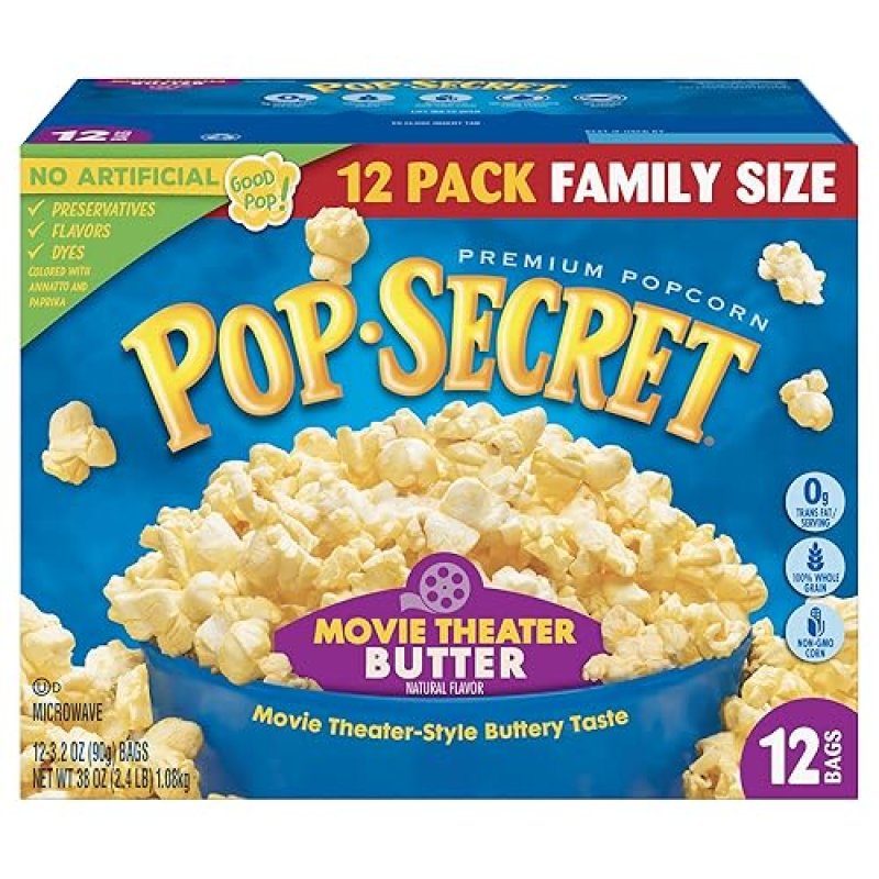 POP SECRET MOVIE THEATER BUTTER MICROWAVE POPCORN, 3.2OZ BAGS, 12CT BOX, PACK OF 4