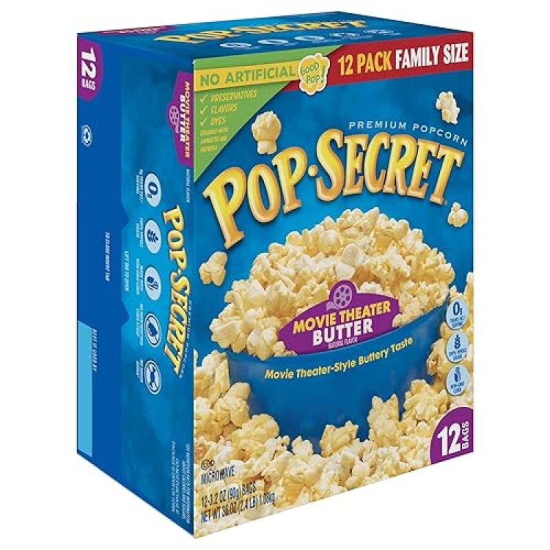 POP SECRET MOVIE THEATER BUTTER MICROWAVE POPCORN, 3.2OZ BAGS, 12CT BOX, PACK OF 4