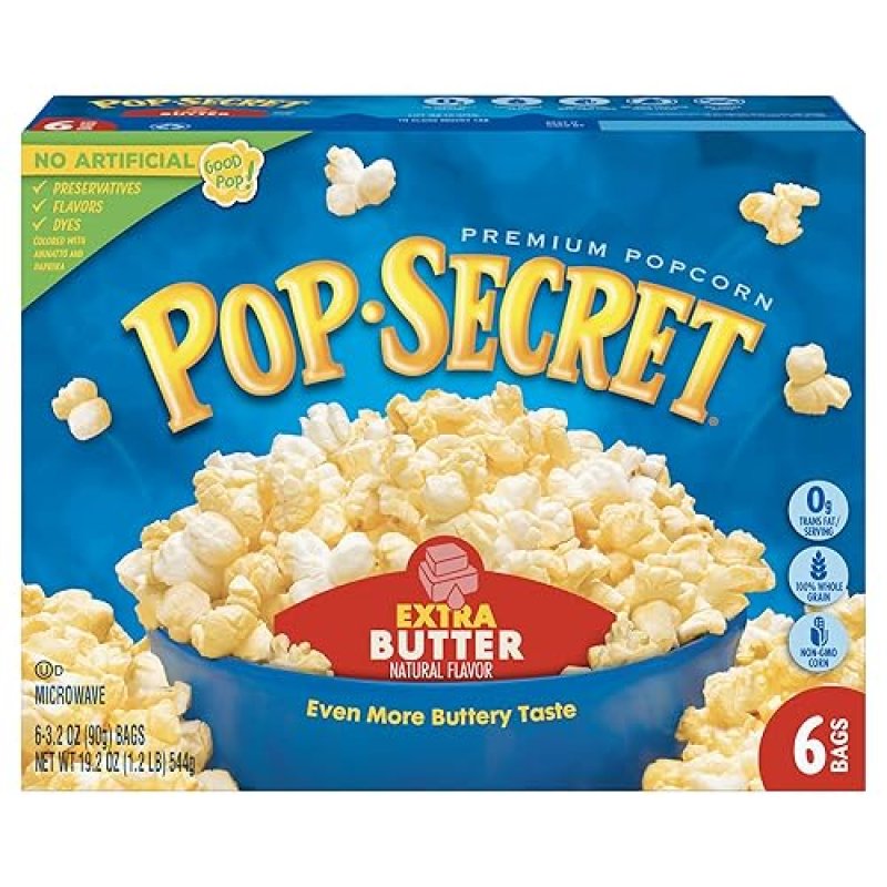 POP SECRET EXTRA BUTTER MICROWAVE POPCORN, 6 COUNT 3.2OZ BAGS, NON-GMO, EXTRA BUTTERY, 19.2OZ BOX