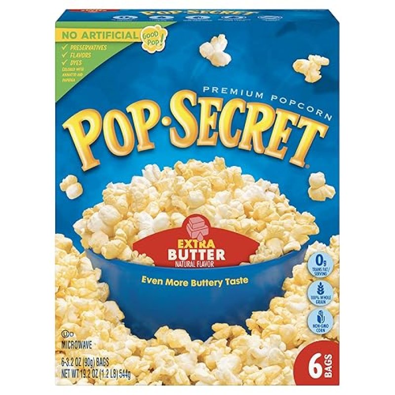 POP SECRET EXTRA BUTTER MICROWAVE POPCORN, 6 COUNT 3.2OZ BAGS, NON-GMO, EXTRA BUTTERY, 19.2OZ BOX