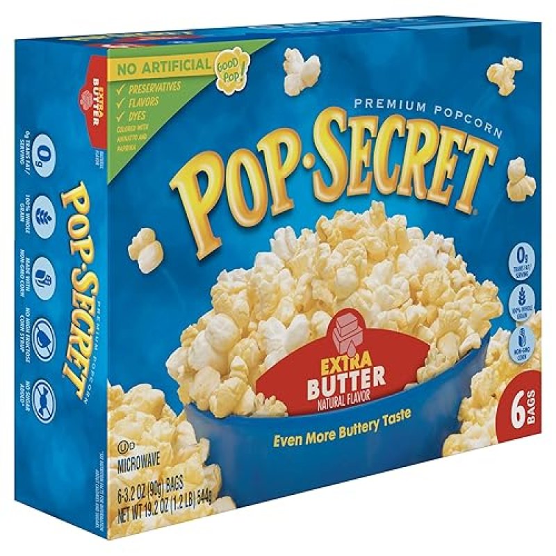 POP SECRET EXTRA BUTTER MICROWAVE POPCORN, 6 COUNT 3.2OZ BAGS, NON-GMO, EXTRA BUTTERY, 19.2OZ BOX