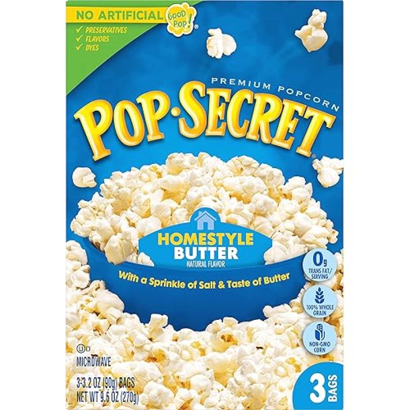 POP SECRET HOMESTYLE BUTTER MICROWAVE POPCORN, 3.2OZ BAGS, 3 COUNT, PACK OF 6