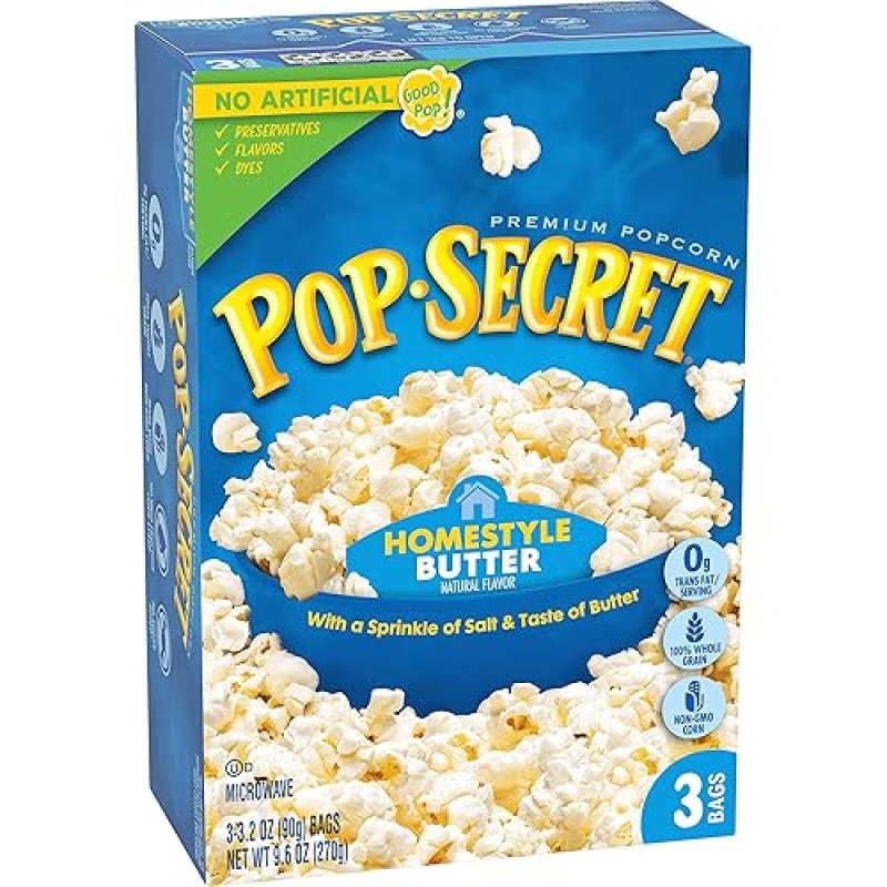 POP SECRET HOMESTYLE BUTTER MICROWAVE POPCORN, 3.2OZ BAGS, 3 COUNT, PACK OF 6