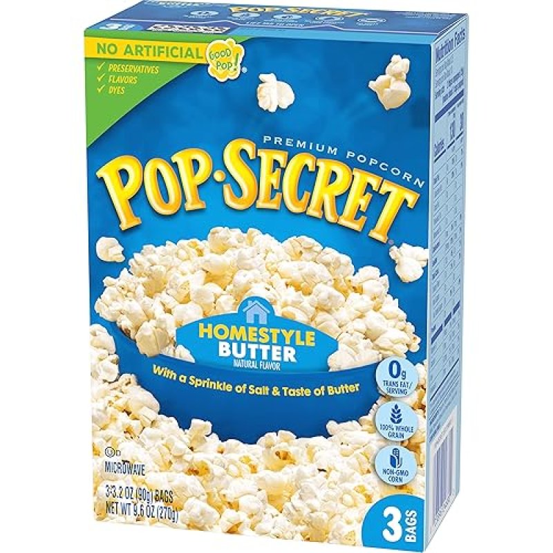 POP SECRET HOMESTYLE BUTTER MICROWAVE POPCORN, 3.2OZ BAGS, 3 COUNT, PACK OF 6