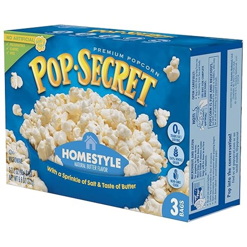 POP SECRET HOMESTYLE BUTTER MICROWAVE POPCORN, 3.2OZ BAGS, 3 COUNT, PACK OF 6