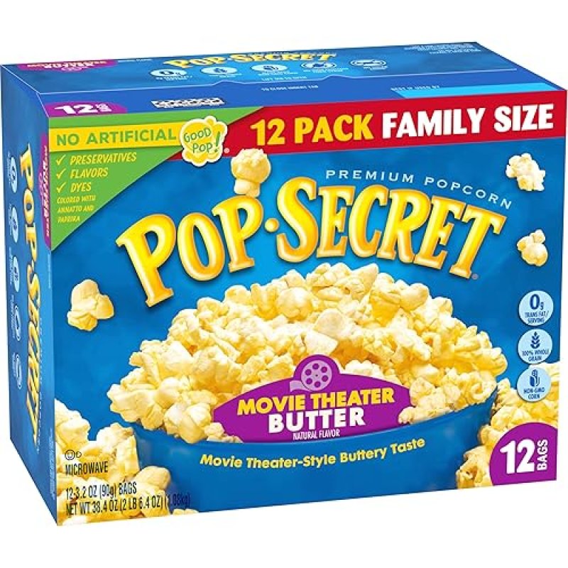 POP SECRET MOVIE THEATER BUTTER MICROWAVE POPCORN, 3.2OZ BAGS, 12 COUNT SHARING PACK