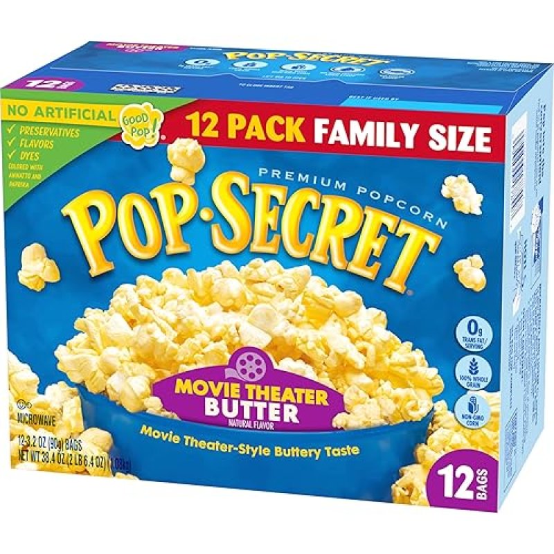 POP SECRET MOVIE THEATER BUTTER MICROWAVE POPCORN, 3.2 OZ BAGS, 12 COUNT BUTTERY SNACK SHARING
