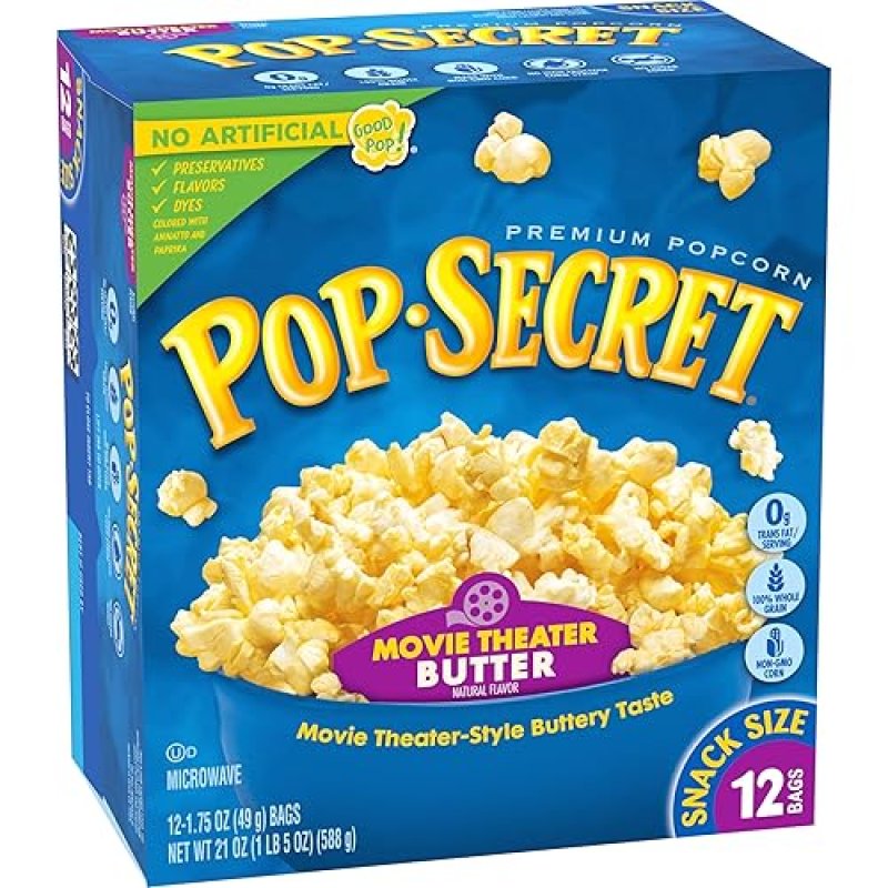 POP SECRET MOVIE THEATER BUTTER MICROWAVE POPCORN, 1.75OZ BAGS, 12-PACK SNACK SIZE